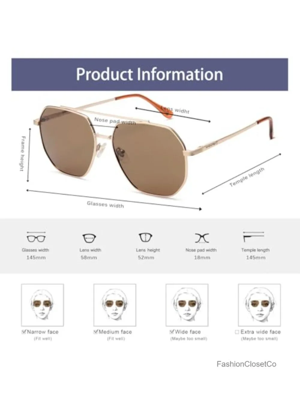 Square Polarized Oversized Aviator Sunglasses Metal Frame UV400 Protection